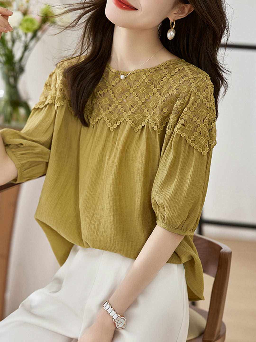 Sophie Loose Chiffon Lace Blouse-Yellow