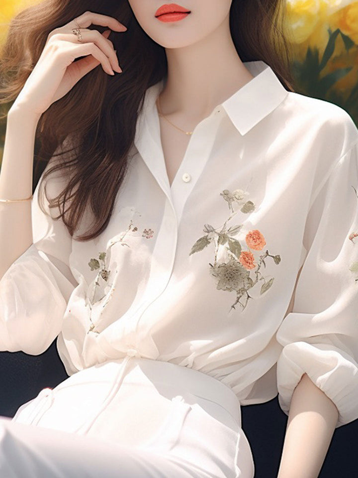 Ava Retro Lapel Printed Chiffon Shirt