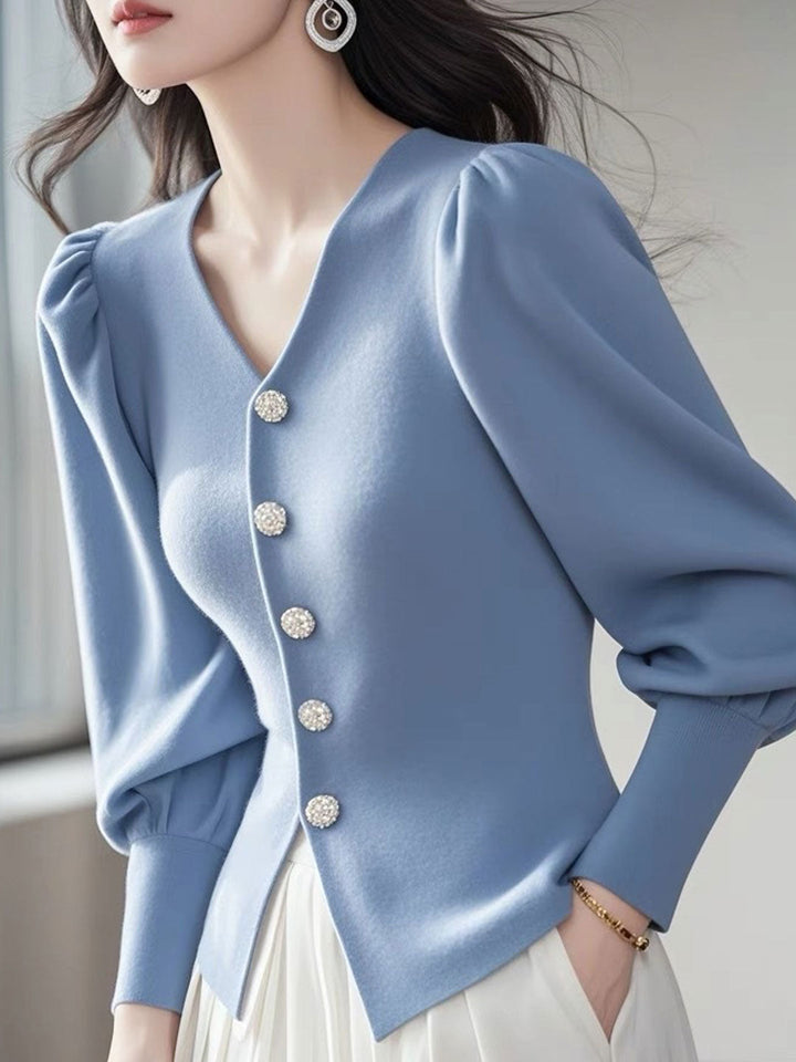 Mia Elegant V-Neck Puff Sleeve Solid Color Knitted Cardigan