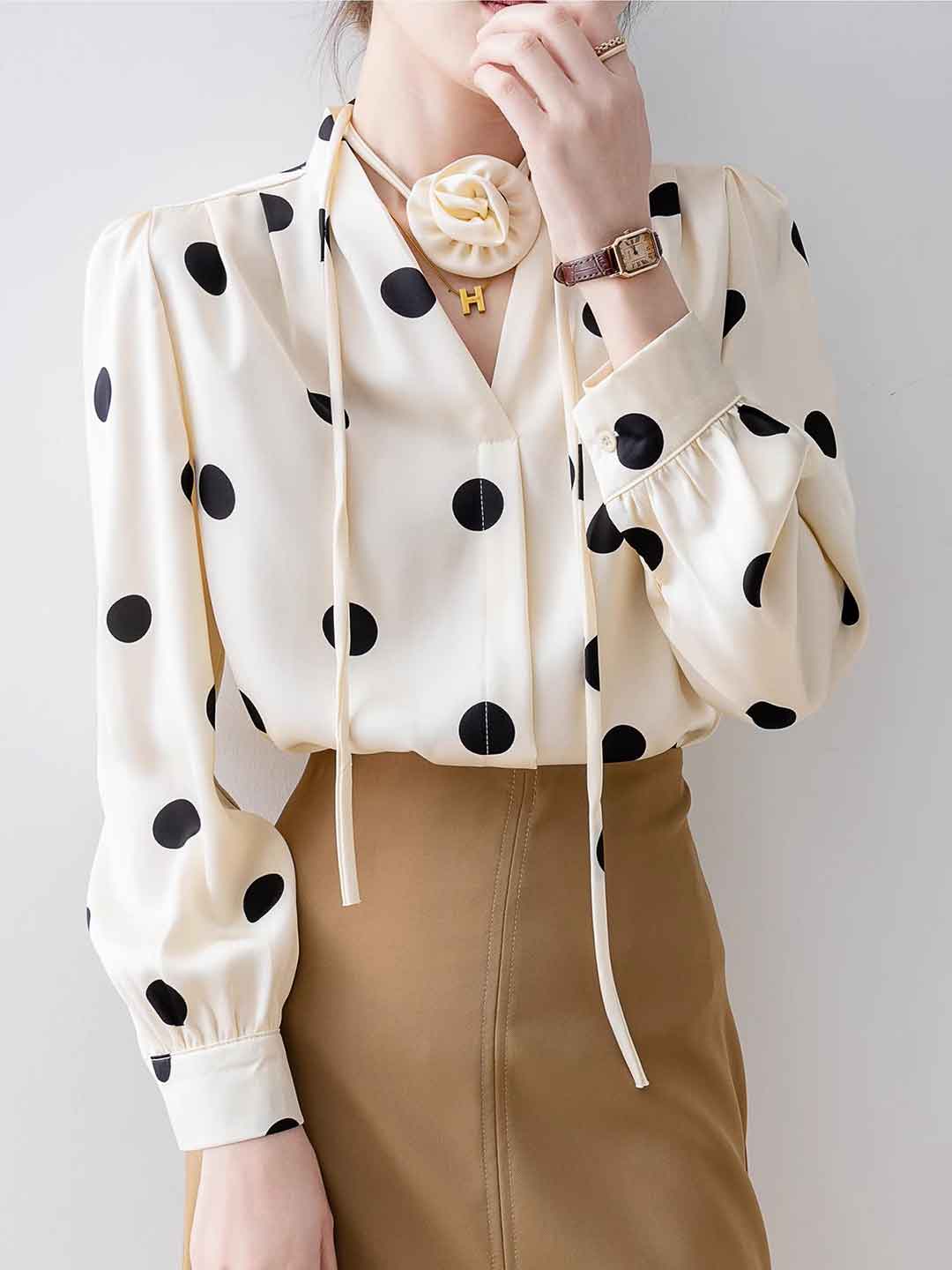 Faith Loose V-Neck Satin Polka Dot Shirt