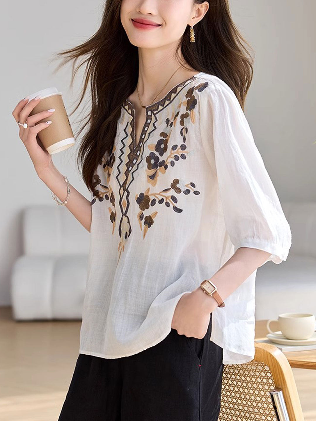 Julia Classic V-Neck Embroidered Top