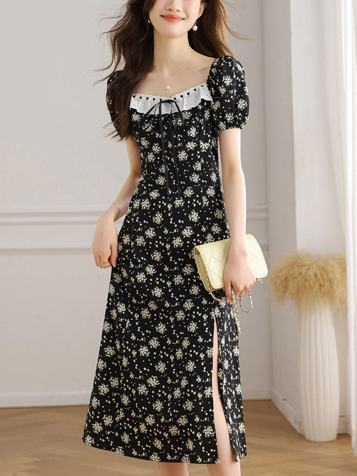 Ariana Vintage Square Neck Puff Sleeve Printed Dress