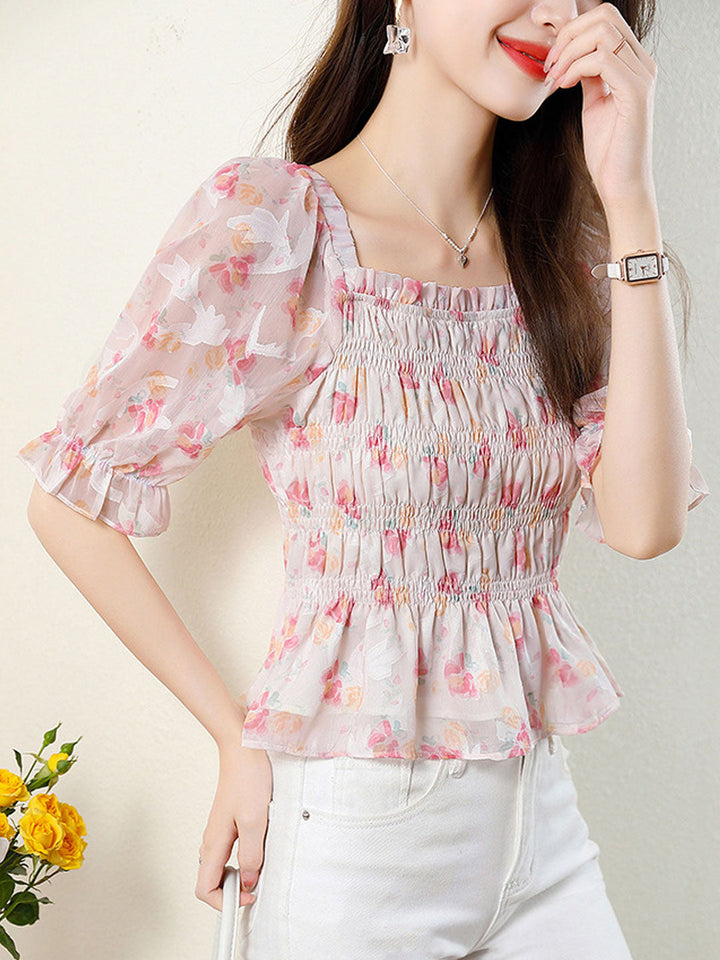 Amelia Retro Square Collar Floral Printed Blouse