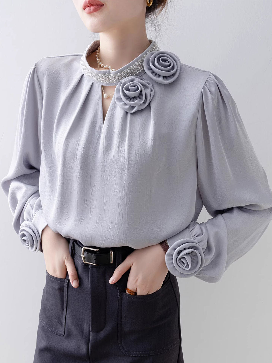 Bella Loose Solid Color Beaded Flower Embossed Shirt