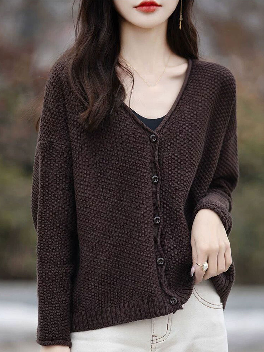 Faith Loose V-Neck Solid Color Knitted Cardigan