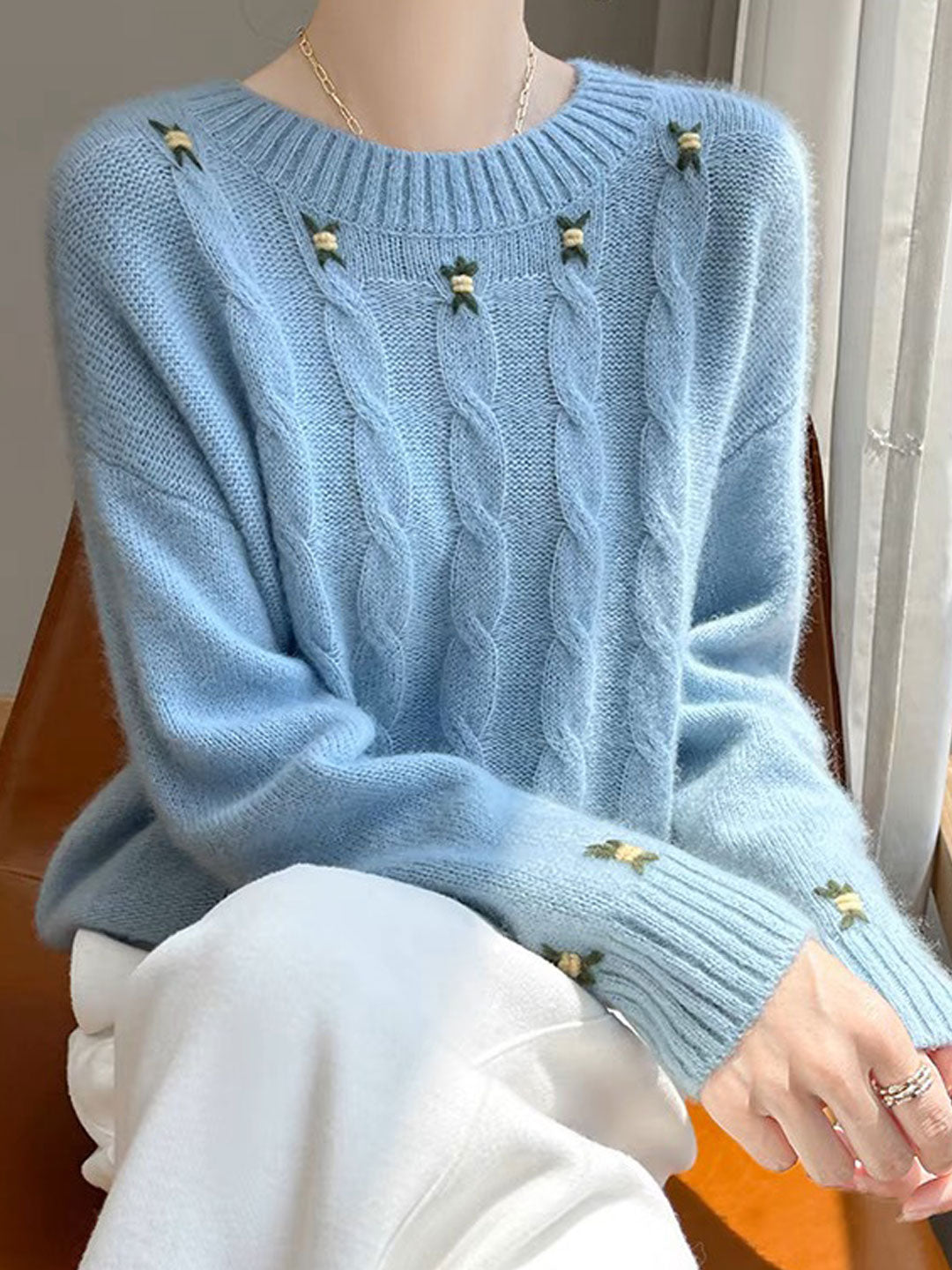 Bella Floral Crew Neck Solid Color Knitted Sweater