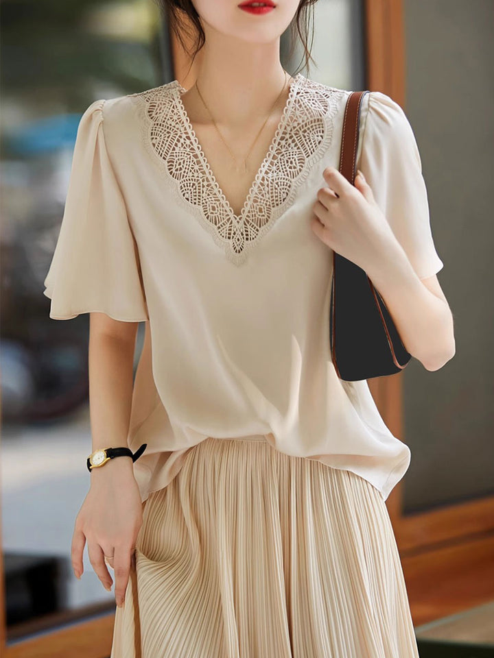 Taylor Elegant V-Neck Hollow Embroidered Chiffon Top