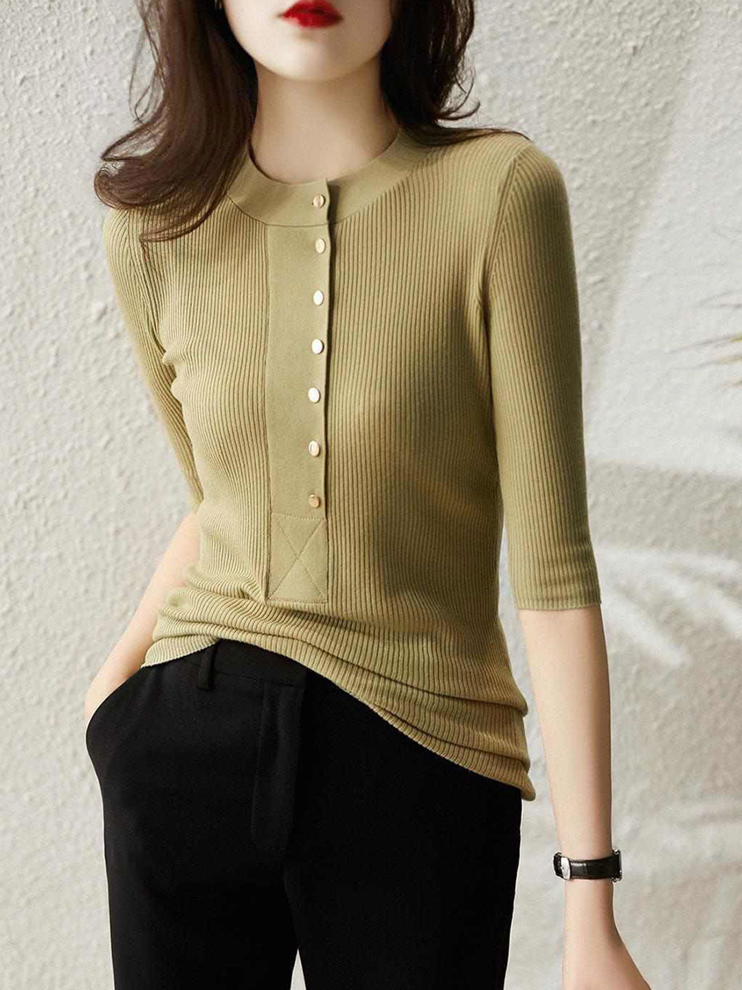 Brooke Crew Neck Solid Color Button Knitted Top