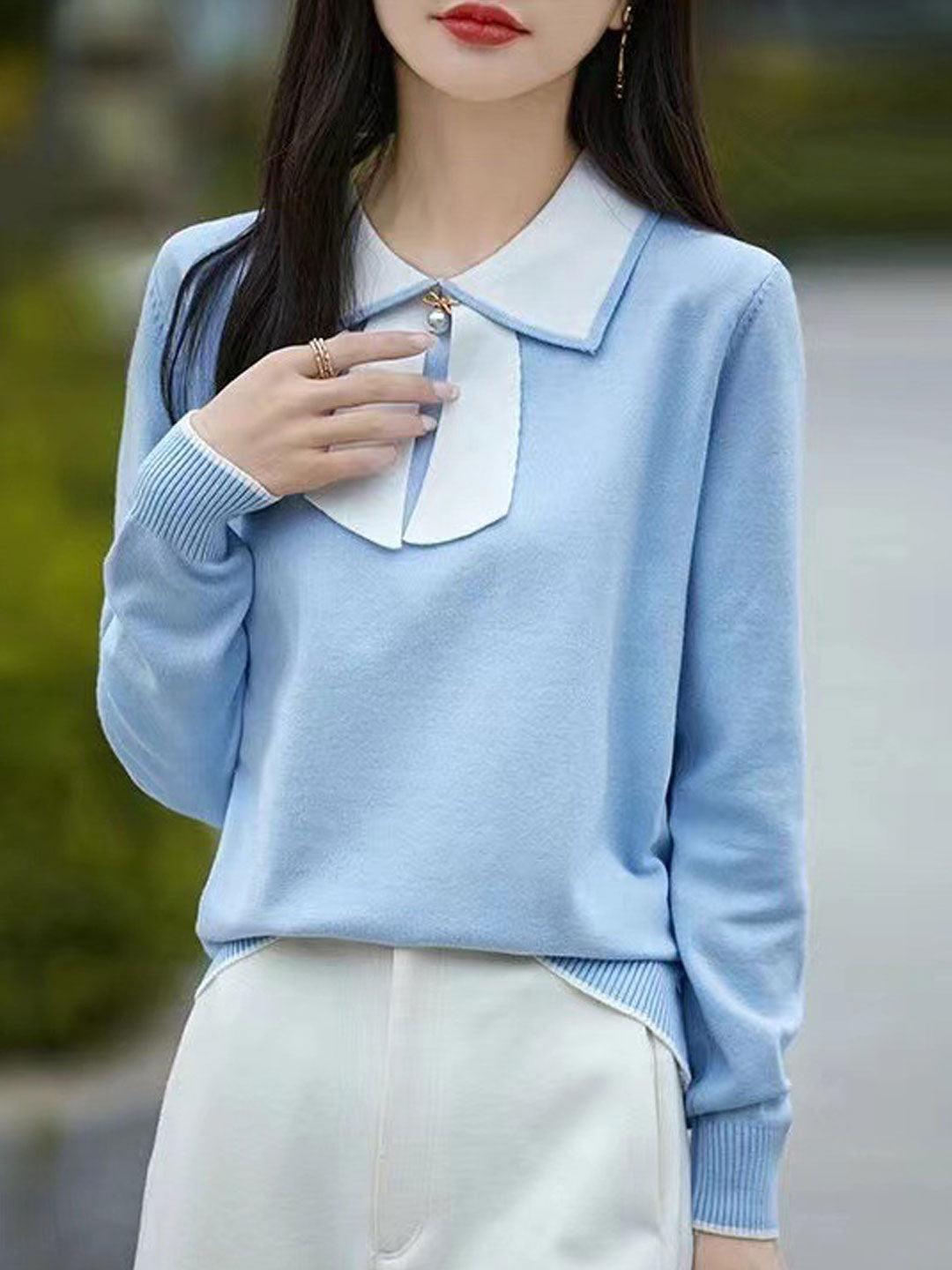 Natalie Cute Doll Collar Bow Colorblock Knitted Top