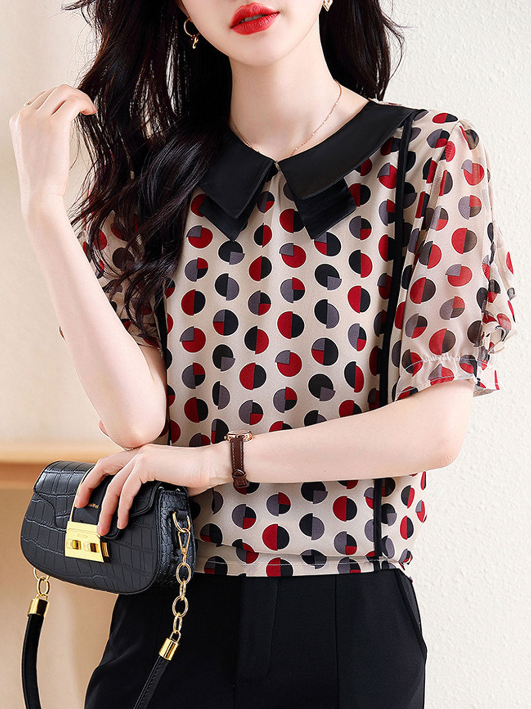 Grace Classic Doll Collar Puff Sleeve Polka Dot Top