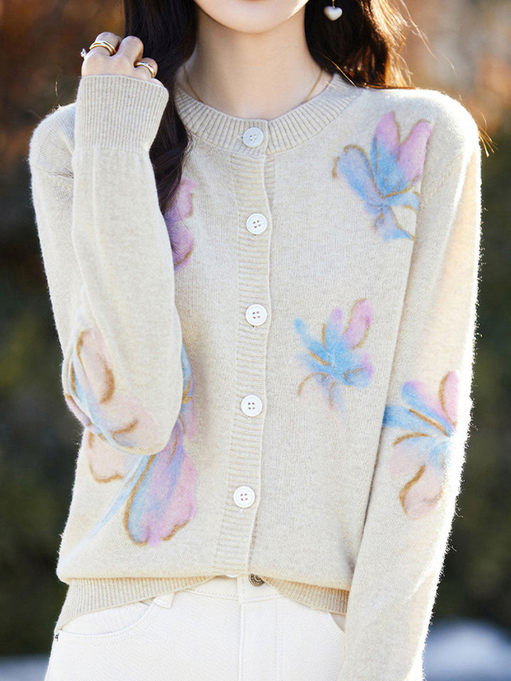 Zoe Causal Crew Neck Floral Knitted Cardigan