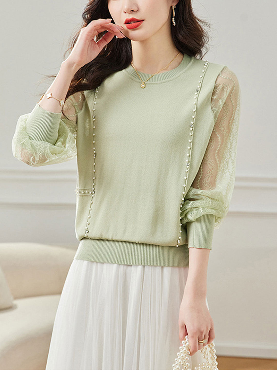 Julia Classic Crew Neck Beaded Lace Slik Knitted Top