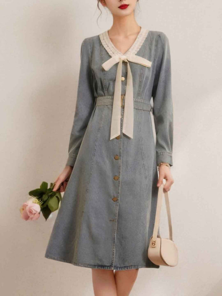 Elizabeth Casual V-Neck Contrast Color Denim Dress