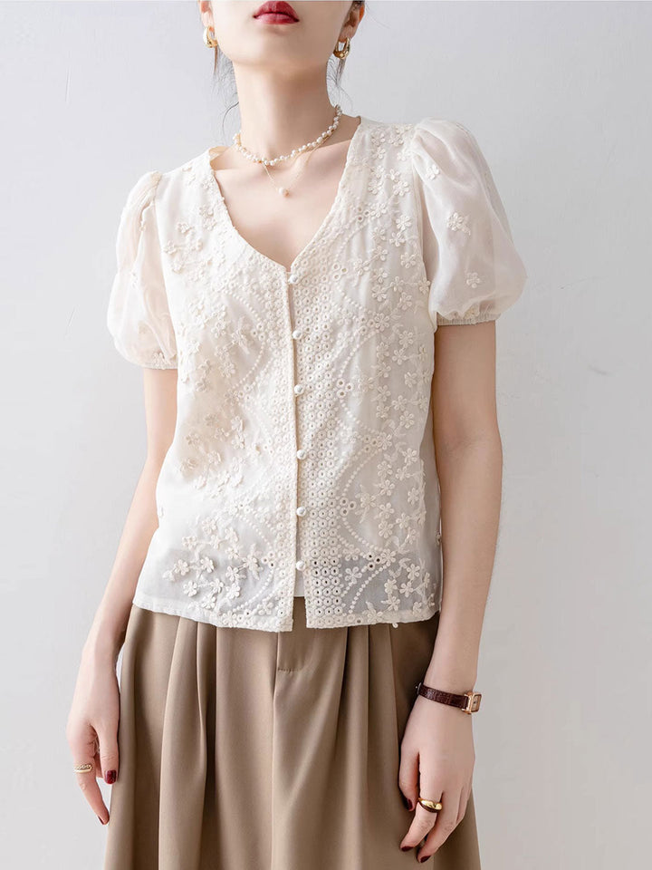 Hailey Classic V-Neck Puff Sleeve Lace Chiffon Top