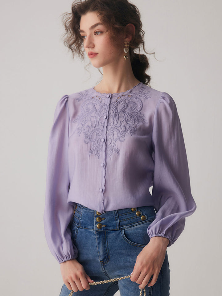 Jocelyn Elegant Embroidered Lantern Sleeve Shirt-Purple