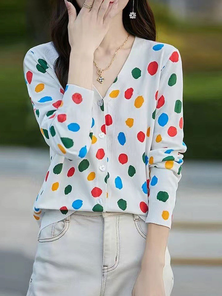 Sophia Classic Crew Neck Polka Dot Printed Cardigan