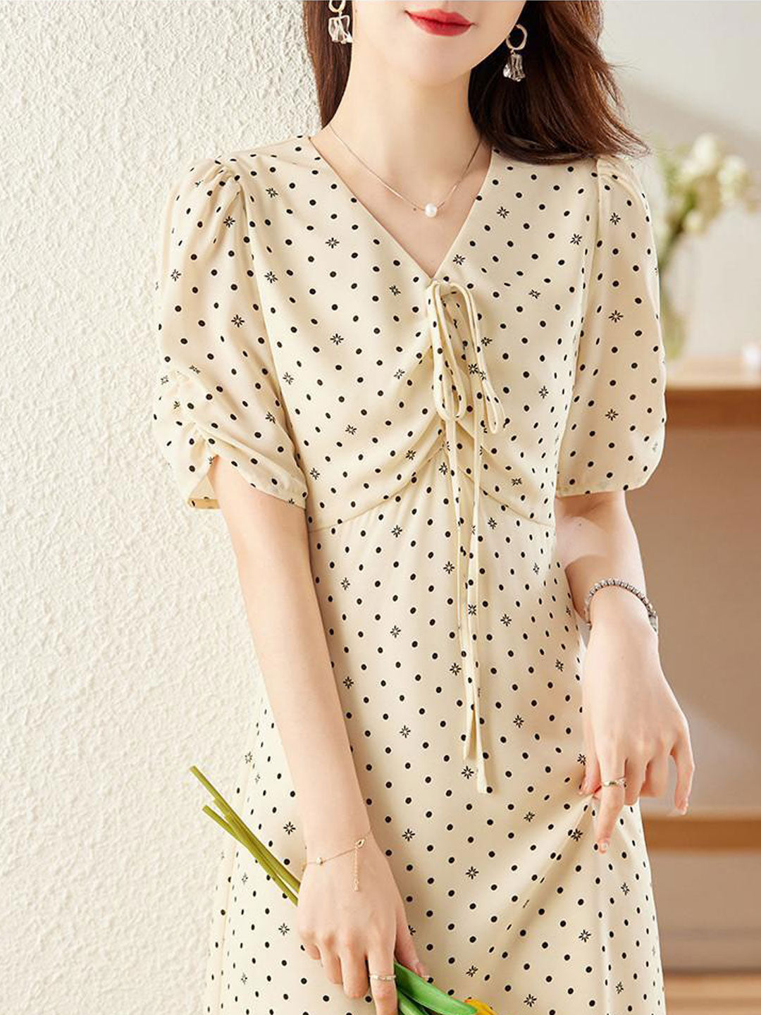 Claire Cute V-Neck Puff Sleeve Polka Dot Dress