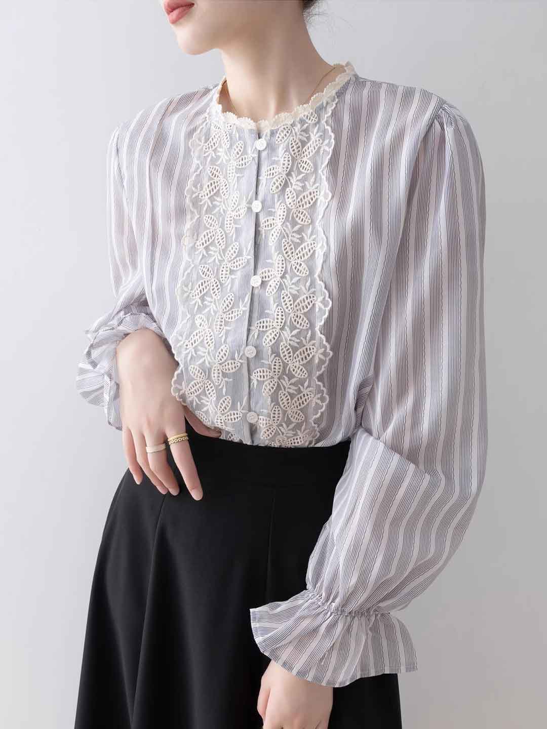 Jessica Vintage Mesh Embroidered Striped Lace Shirt