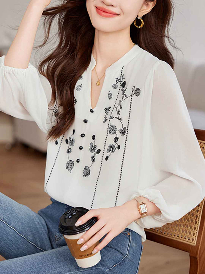 Sydney Loose V-Neck Lantern Sleeve Embroidered Chiffon Top