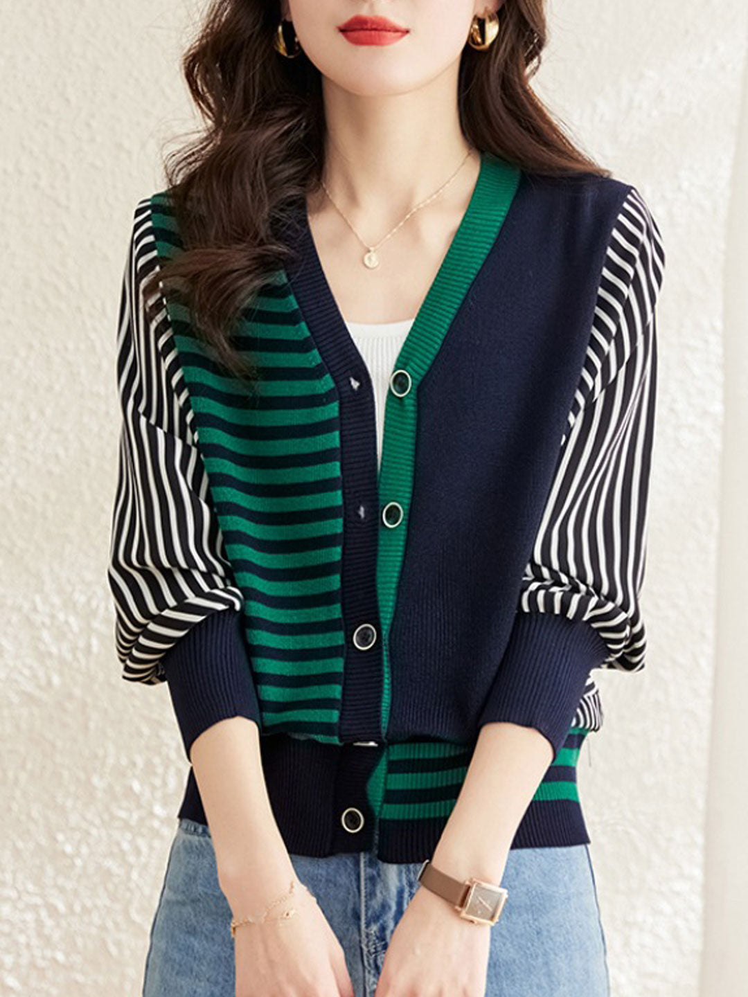 Trinity Casual V-Neck Striped Knitted Cardigan