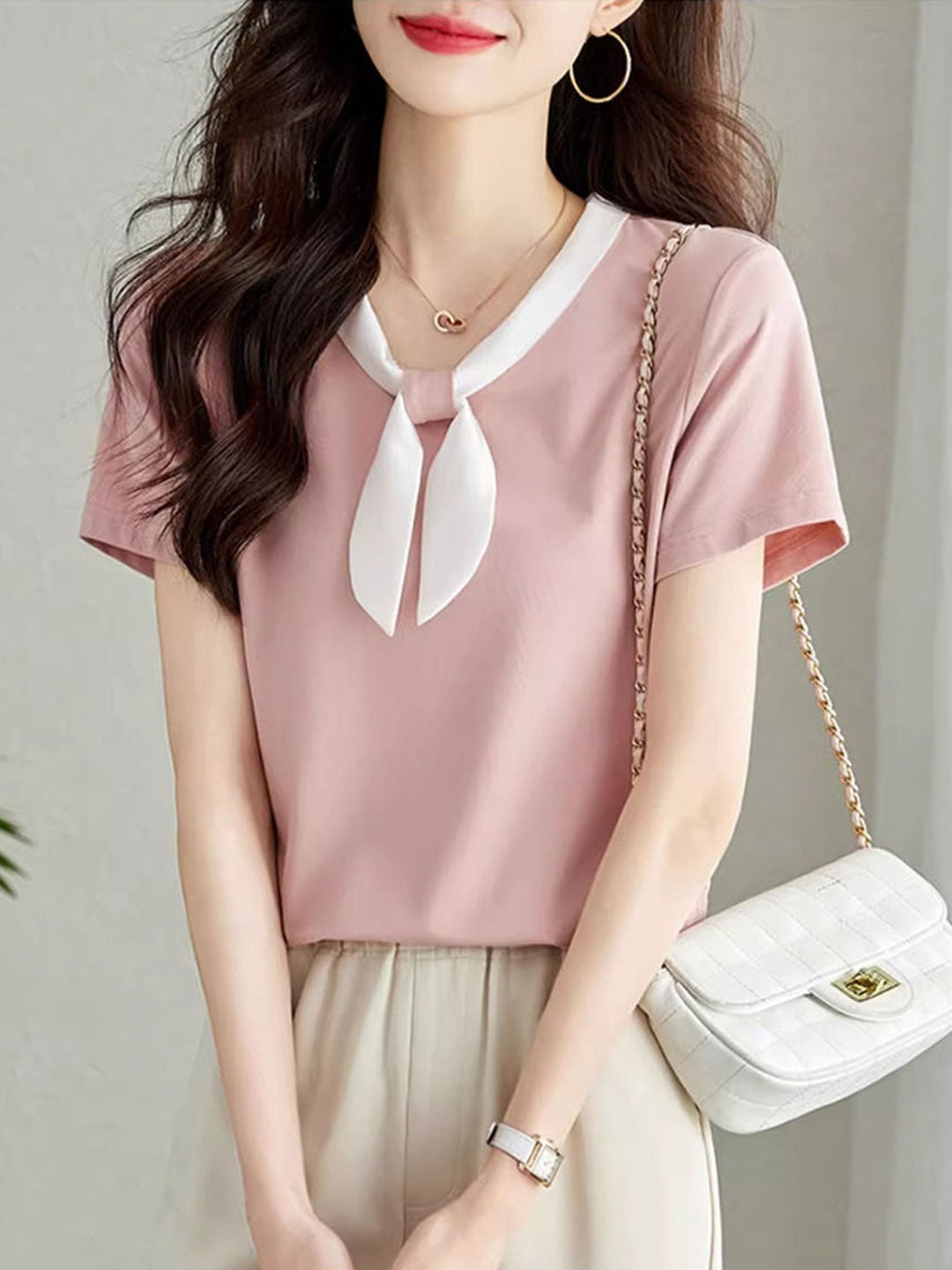 Serenity Classic V-Neck Solid Color Bow Top