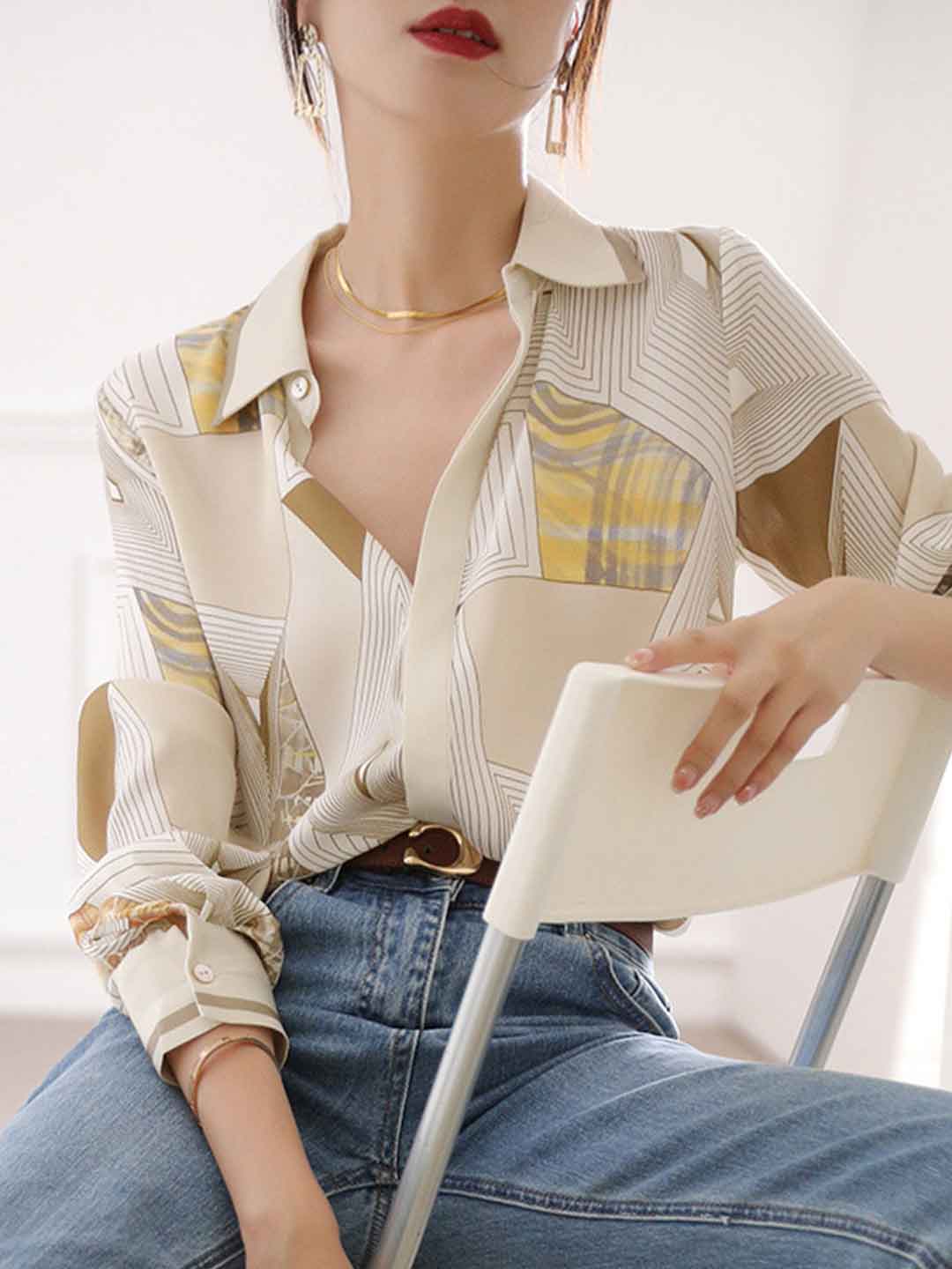 Lillian Classic V-neck Striped Printed Shirt