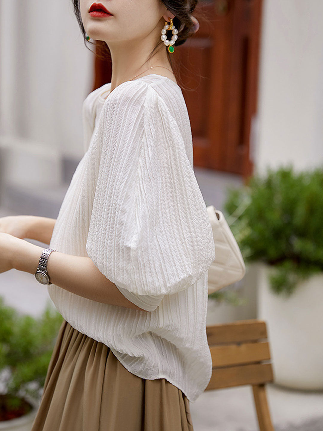 Kayla Classic Crew Neck Pleated Shirt-White