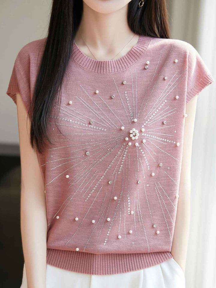 Jessica Loose Crew Neck Rhinestone Knitted Top