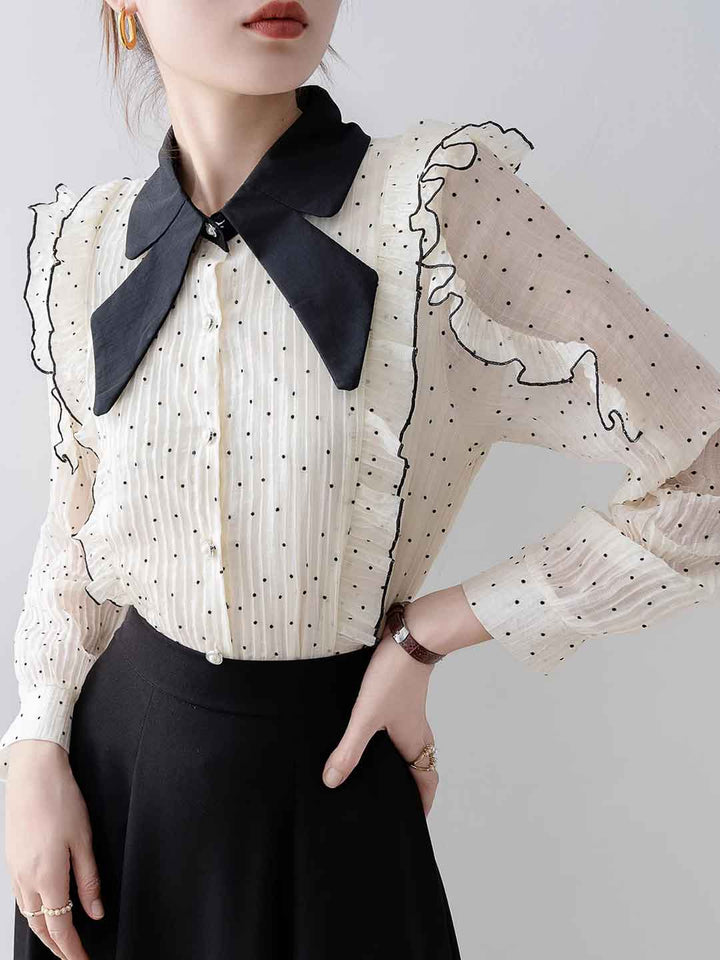 Ava Elegant Bow Lantern Sleeve Polka Dot Chiffon Shirt