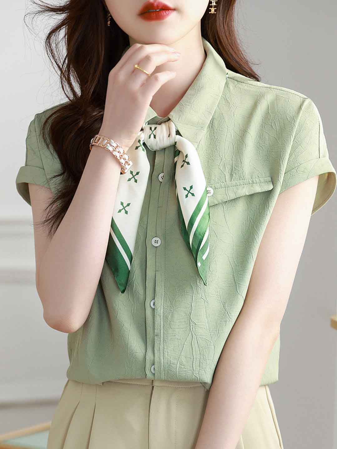 Maria Elegant Lapel Solid Color Tie Shirt