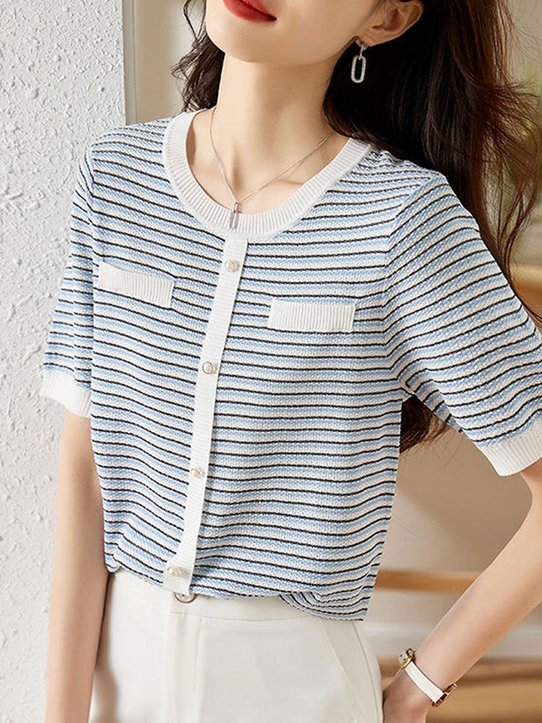 Anna Classic Crew Neck Striped Knitted Top