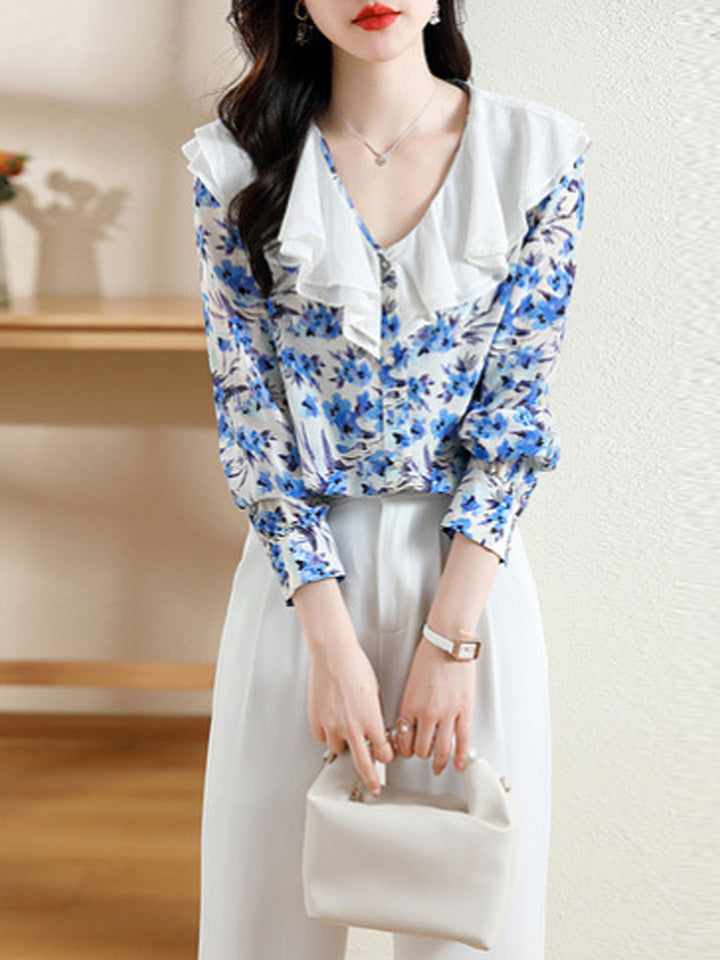 Sophia Classic Doll Collar Floral Printed Chiffon Top