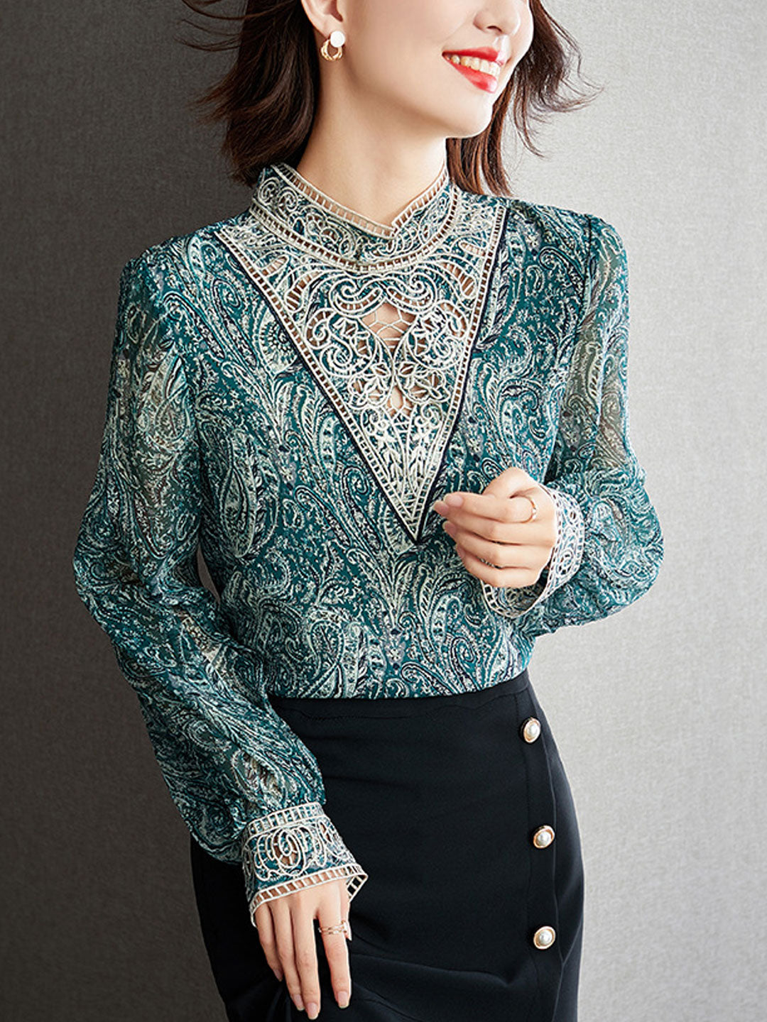 Kayla Retro Embroidered Balloon Sleeve Blouse