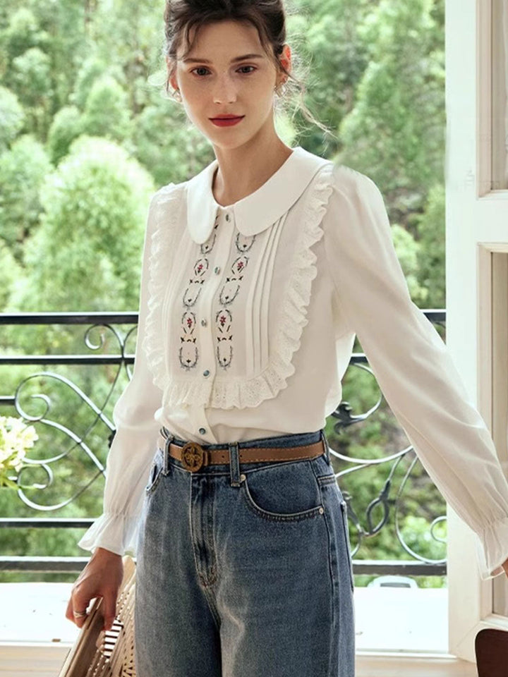 Claire Loose Lapel Puff Sleeve Embroidered Shirt