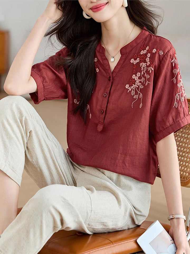 Sarah Classic V-Neck Embroidered Printed Top