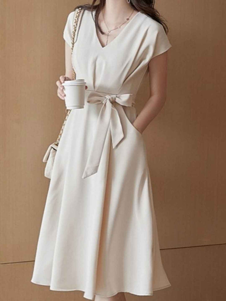 Brianna Classic V-Neck Solid Color Tie Dress