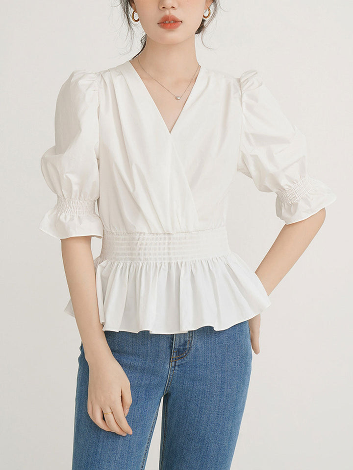 Sophie Elegant V-neck Puff Sleeve Waist Top