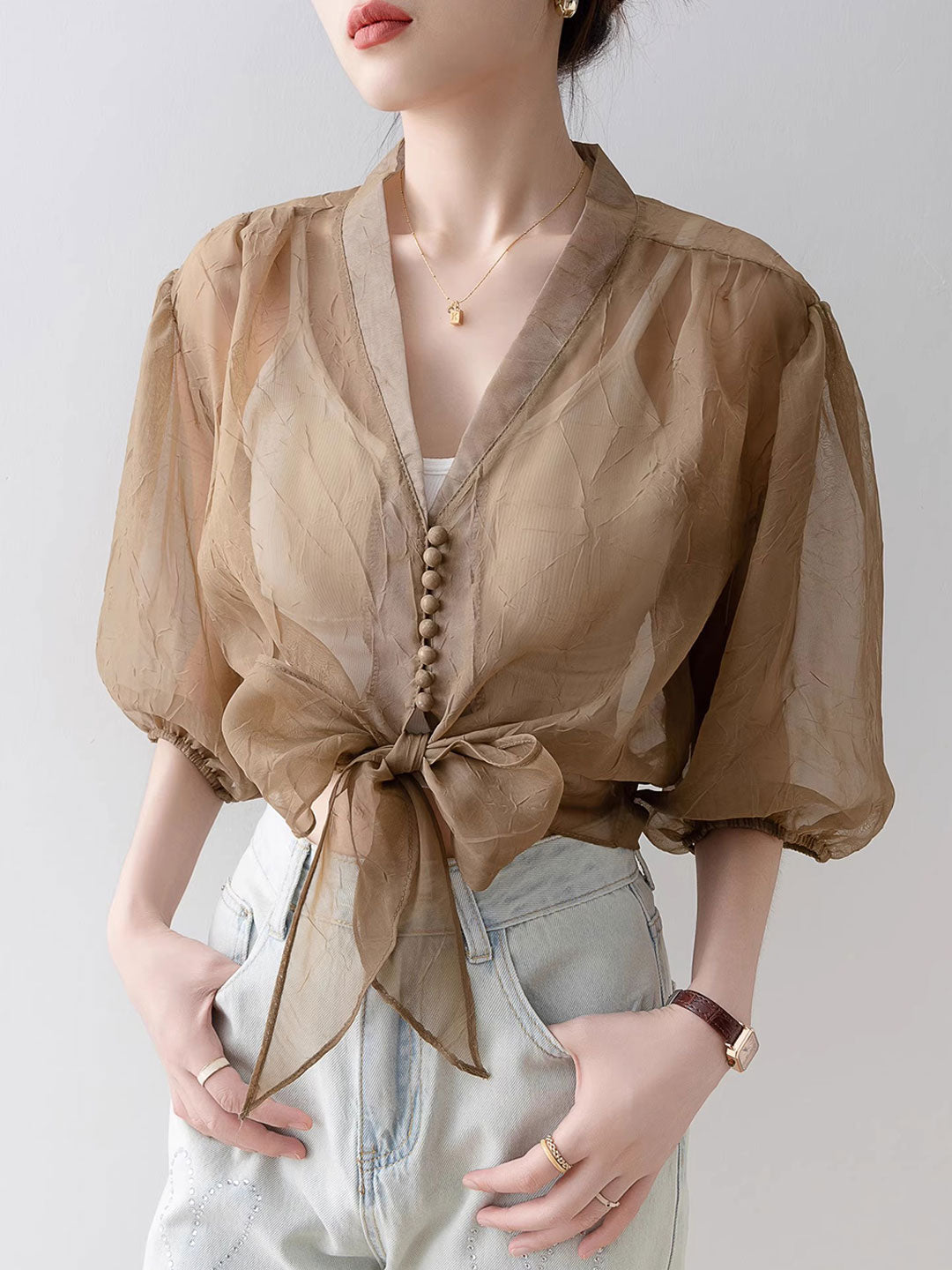 Alyssa Retro V-Neck Lantern Sleeve Chiffon Shirt