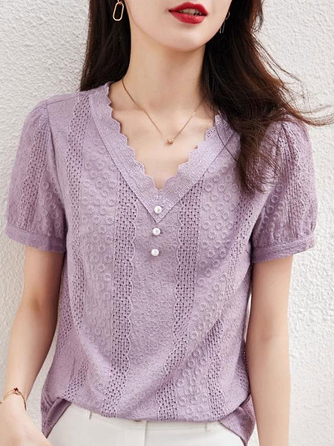 Julia Classic V-Neck Lace Chiffon Top