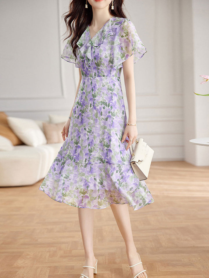 Joyce V-Neck Floral Printed Ruffle Maxi Tea Dress