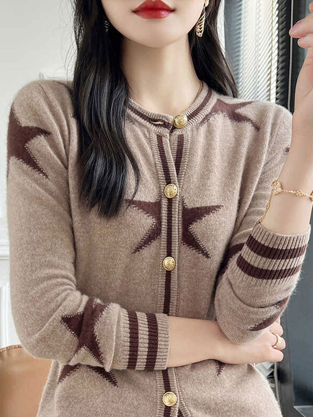 Ava Loose Crew Neck Jacquard Knitted Cardigan