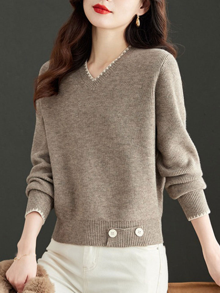 Isabella V-Neck Solid Color Knitted Sweater-Khaki