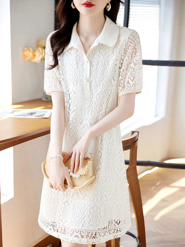 Olivia Retro Lapel Hollowed Embroidered Dress