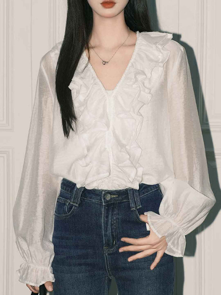 Arianna Loose V-Neck Ruffle Blouse