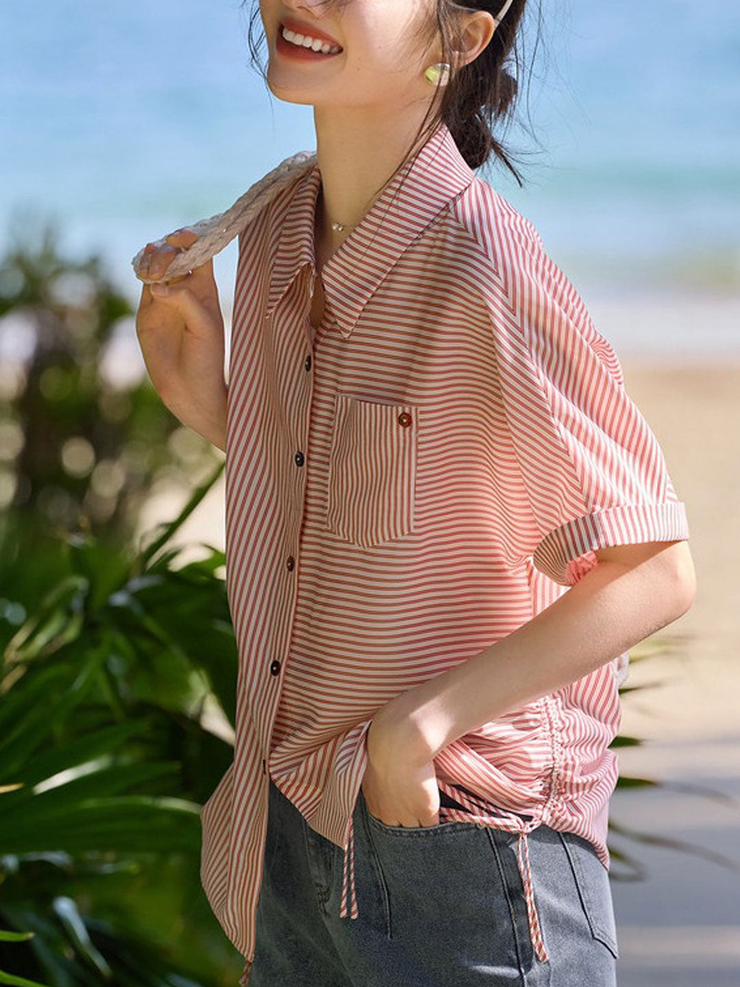 Kayla Classic Adjustable Drawstring Striped Shirt