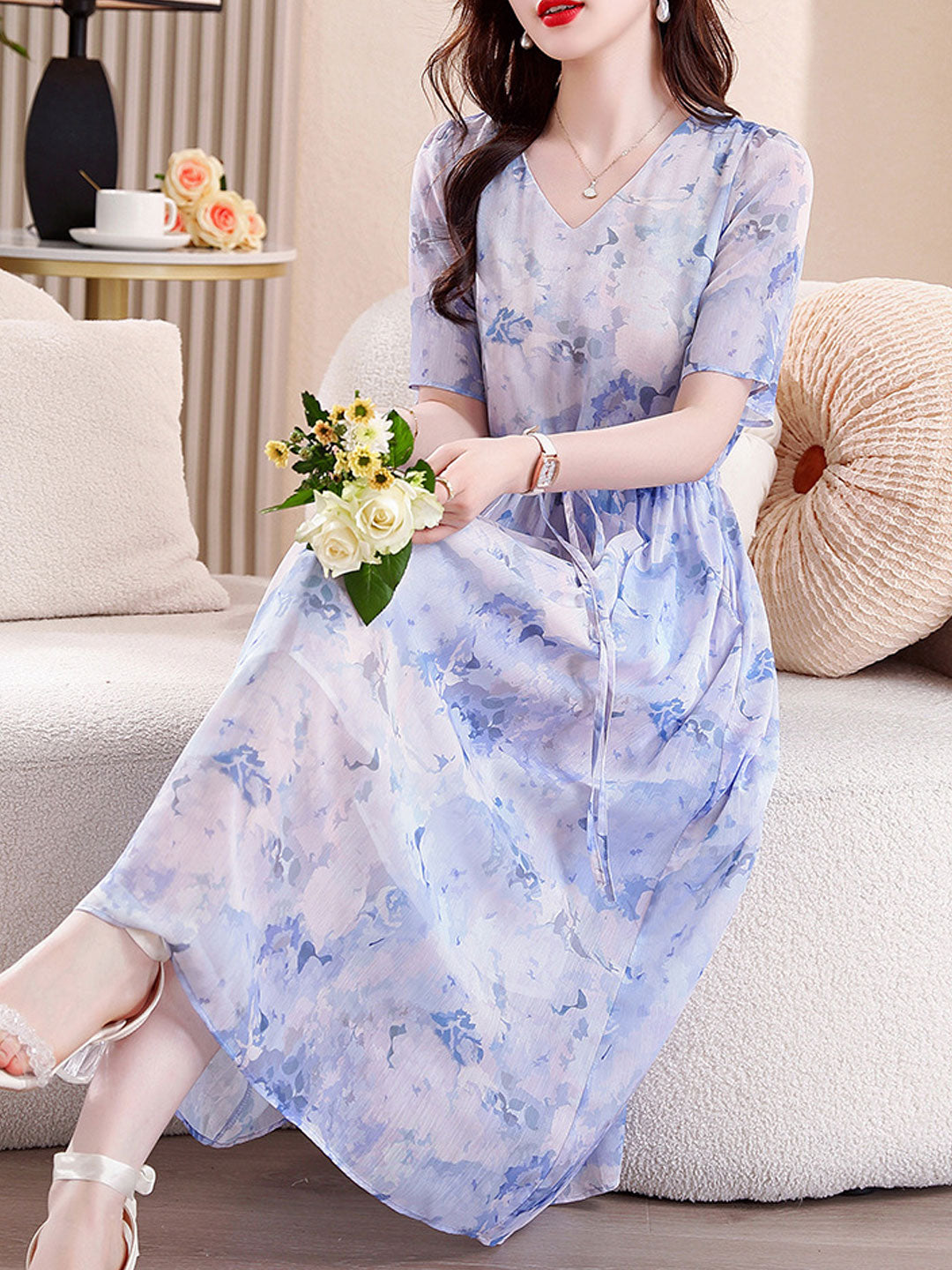 Mariah Classic V-neck Printed Tie Chiffon Dress