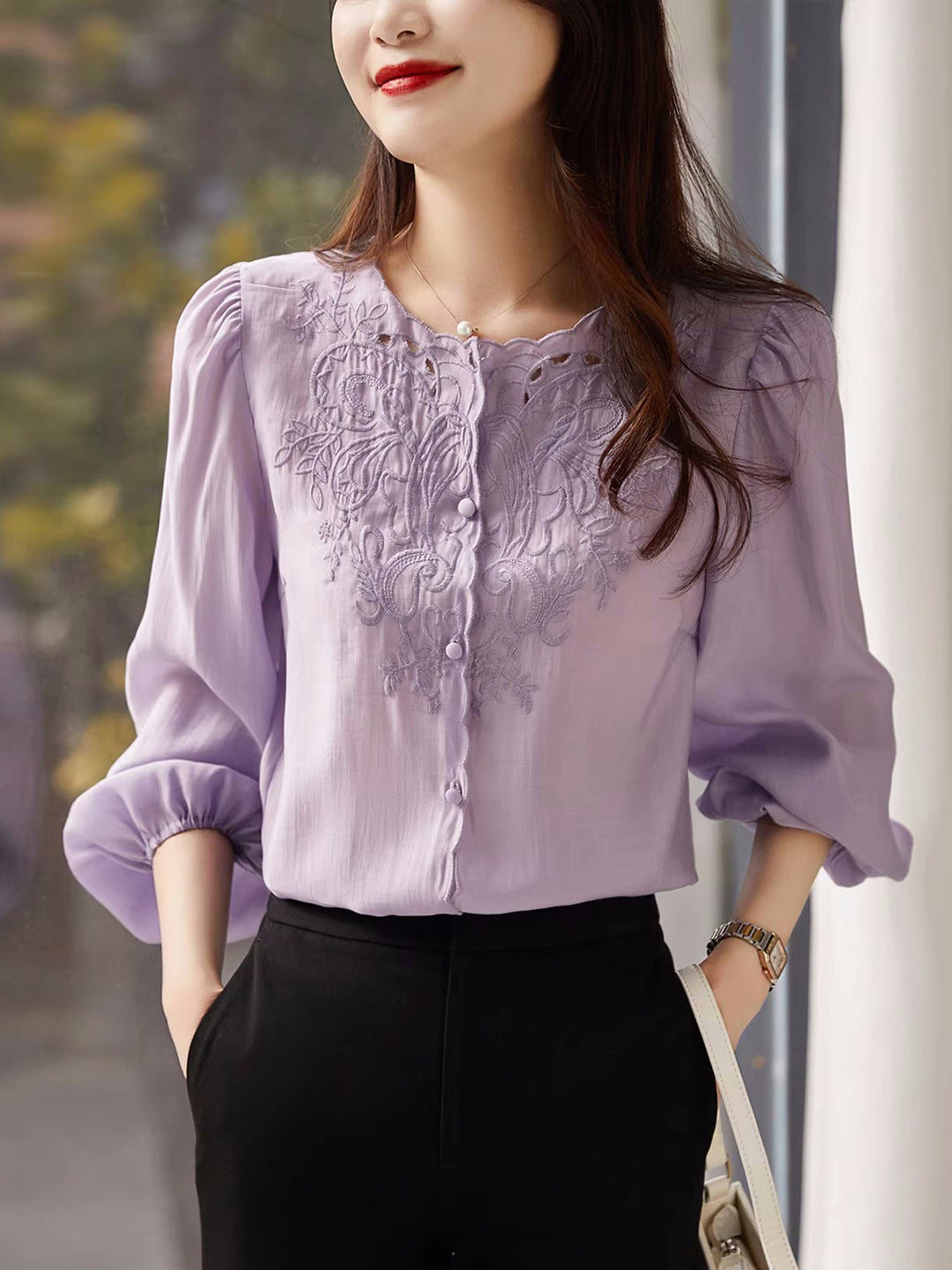 Jocelyn Elegant Embroidered Lantern Sleeve Shirt-Purple