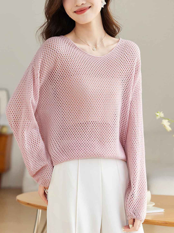 Andrea Loose Crew Neck Hollowed Knitted Top-Pink