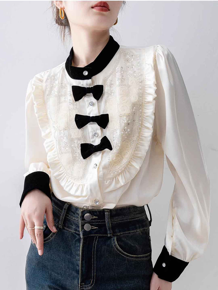 Mya Vintage Crew Neck Puffer Sleeve Satin Beaded Shirt