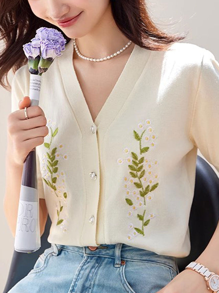 Sophia Retro V-Neck Embroidered Knitted Cardigan